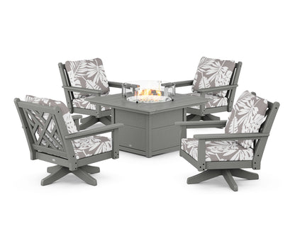 POLYWOOD® Chippendale 5-Piece Deep Seating Swivel Conversation Set with Fire Pit Table in Slate Grey / Leaf Grey Mist