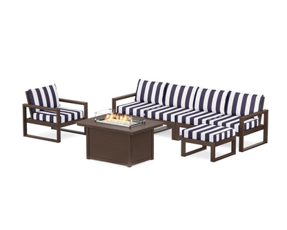 POLYWOOD® EDGE Sectional Lounge and Fire Pit Set in Mahogany / Cabana Stripe Navy