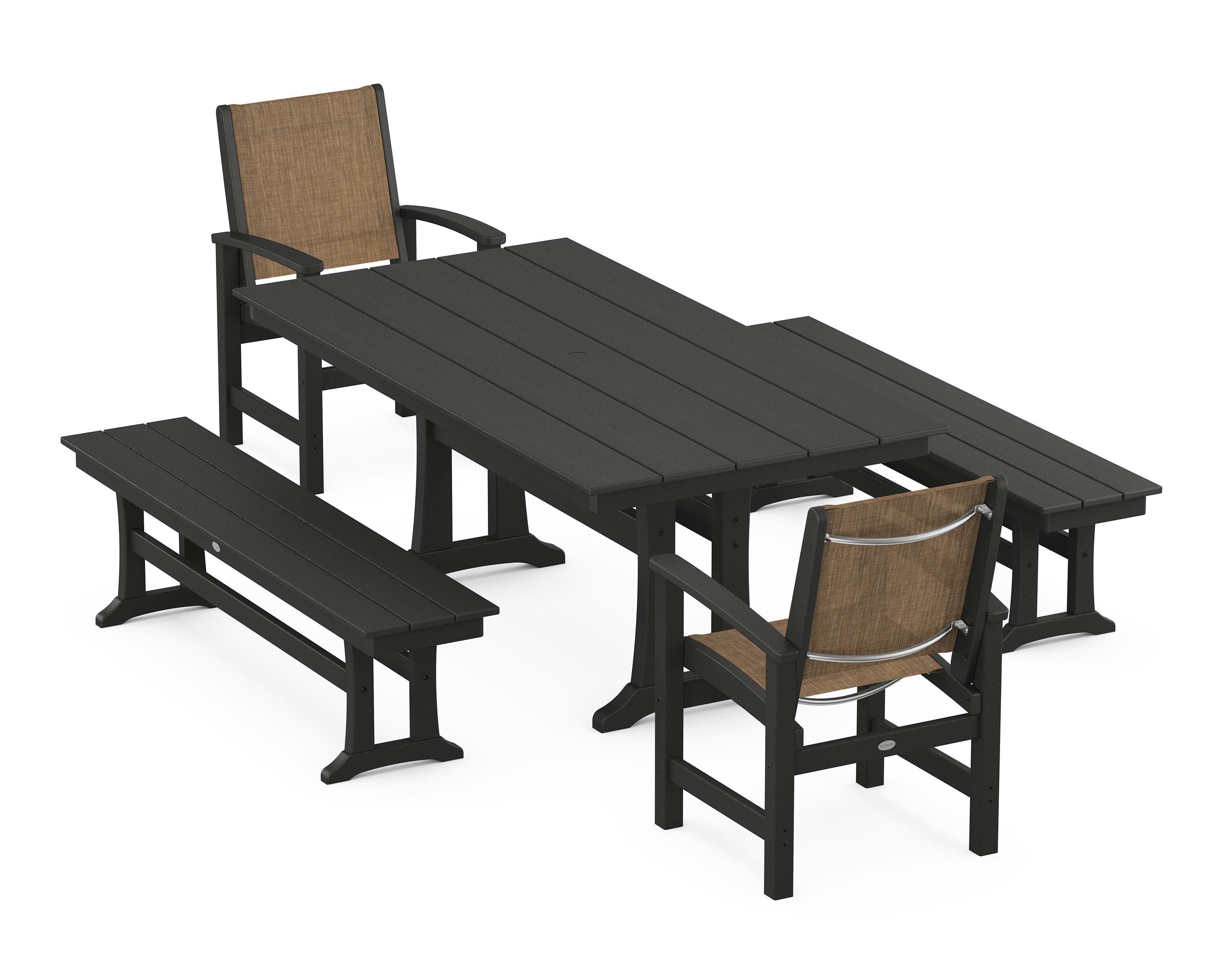POLYWOOD® Coastal 5-Piece Farmhouse Dining Set with Trestle Legs and Benches in Black / Burlap Sling