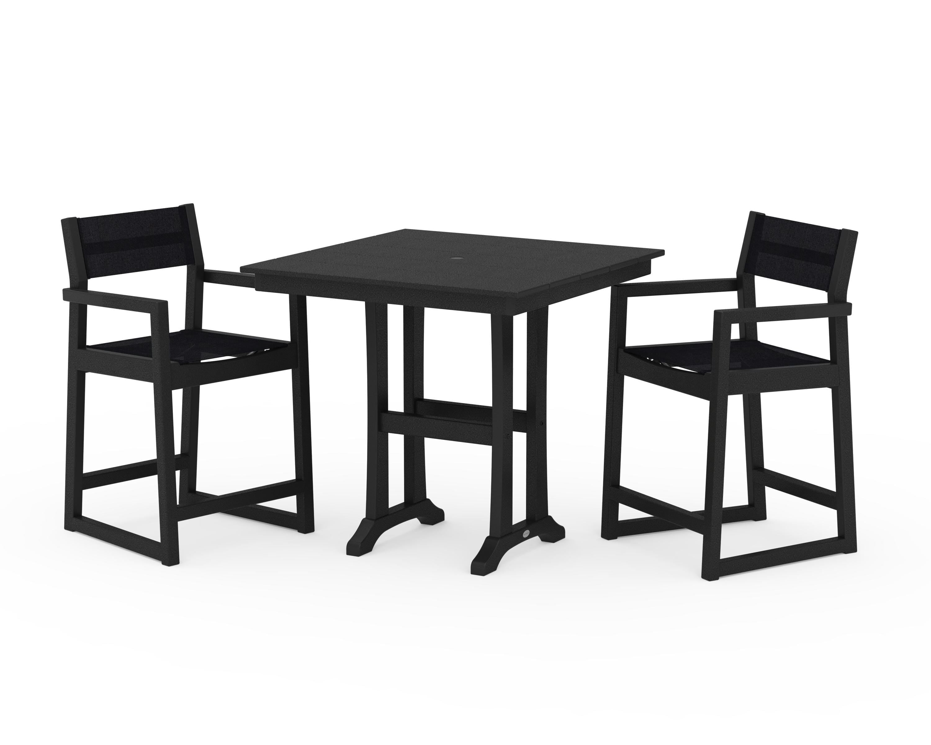 POLYWOOD® EDGE Sling Arm Chair 3-Piece Farmhouse Counter Set with Trestle Legs in Black / Black Sling