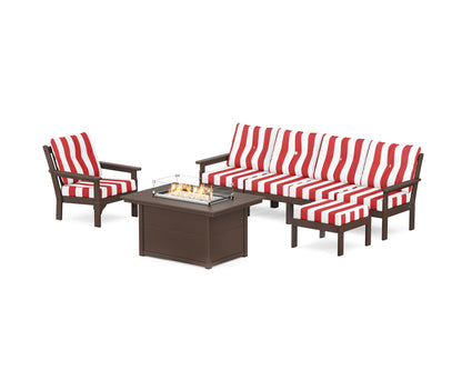 POLYWOOD® Vineyard Sectional Lounge and Fire Pit Set in Mahogany / Cabana Stripe Crimson