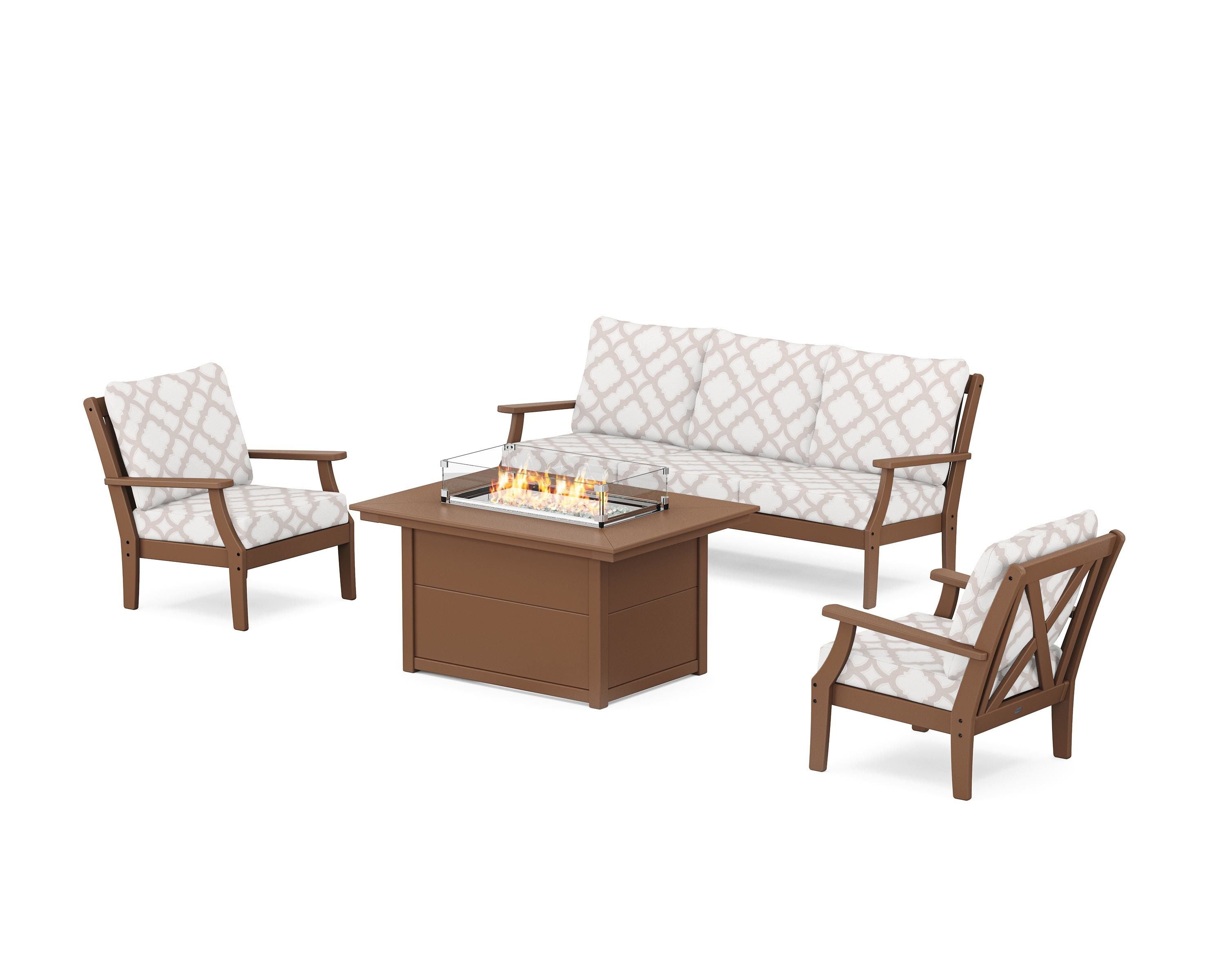 POLYWOOD® Braxton Deep Seating Fire Pit Table Set in Teak / Trellis Dune Burlap