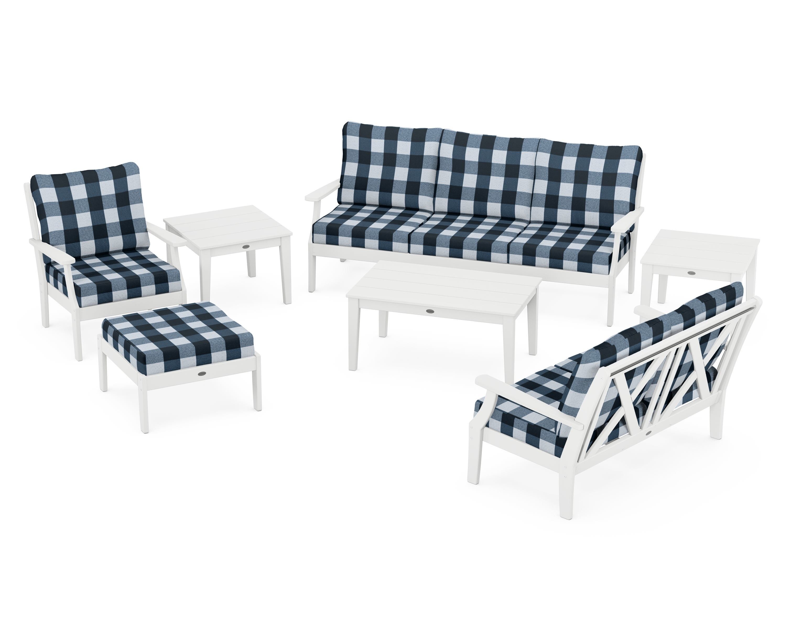 POLYWOOD® Braxton 7-Piece Deep Seating Set in White / Buffalo Plaid Marine Indigo