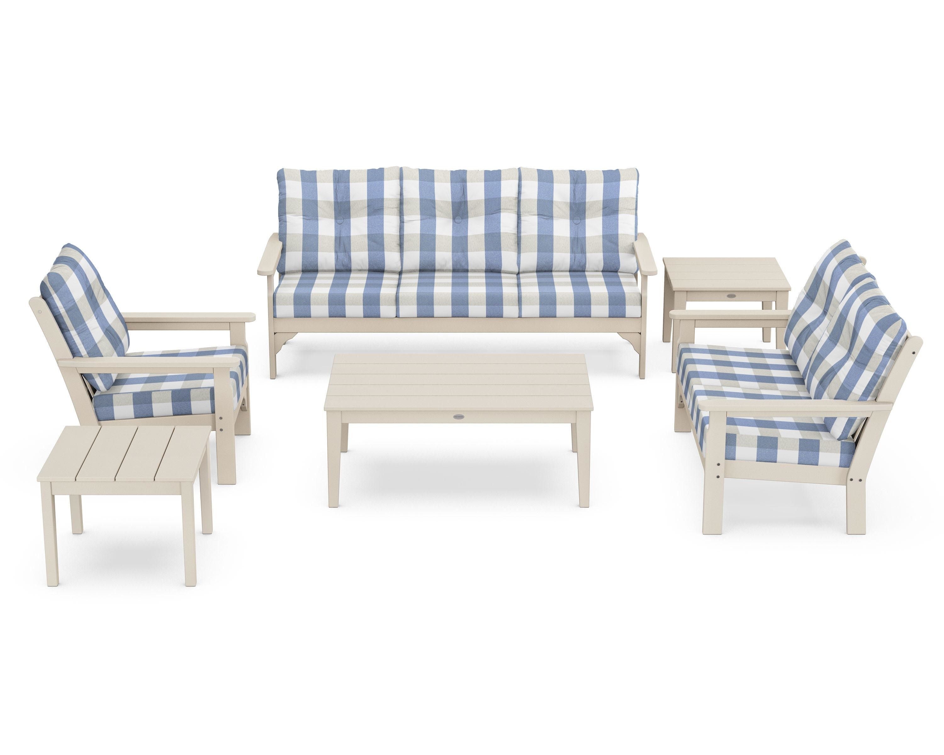 POLYWOOD® Vineyard 6-Piece Deep Seating Set in Sand / Buffalo Plaid Sky Blue