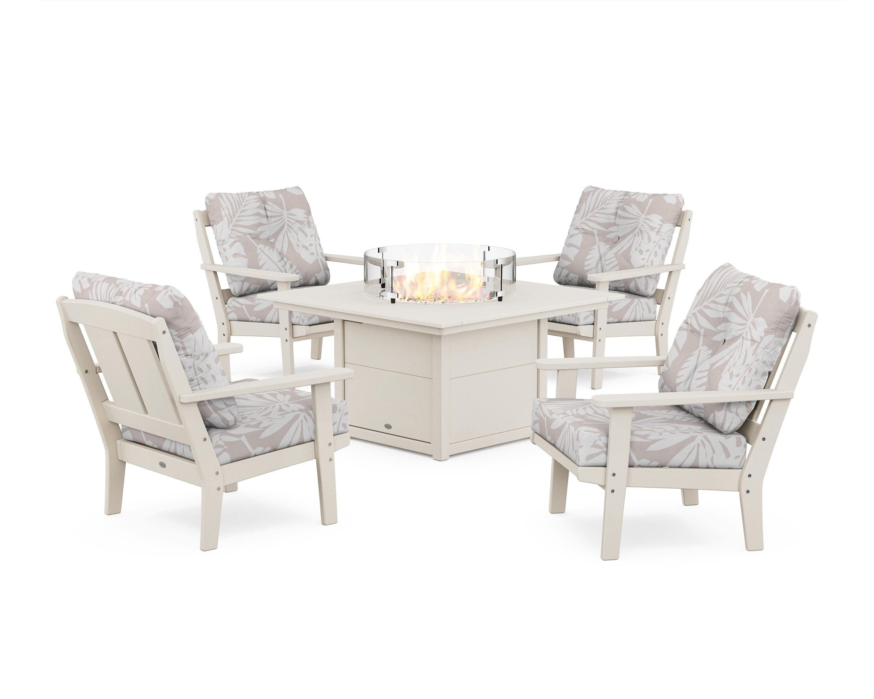 POLYWOOD® Mission 5-Piece Deep Seating Set with Fire Pit Table in Sand / Leaf Dune Burlap