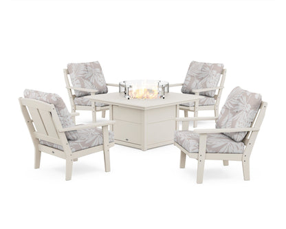POLYWOOD® Mission 5-Piece Deep Seating Set with Fire Pit Table in Sand / Leaf Dune Burlap