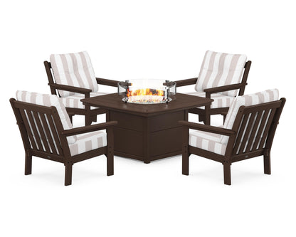 POLYWOOD® Vineyard 5-Piece Conversation Set with Fire Pit Table in Mahogany / Cabana Stripe Dune Burlap