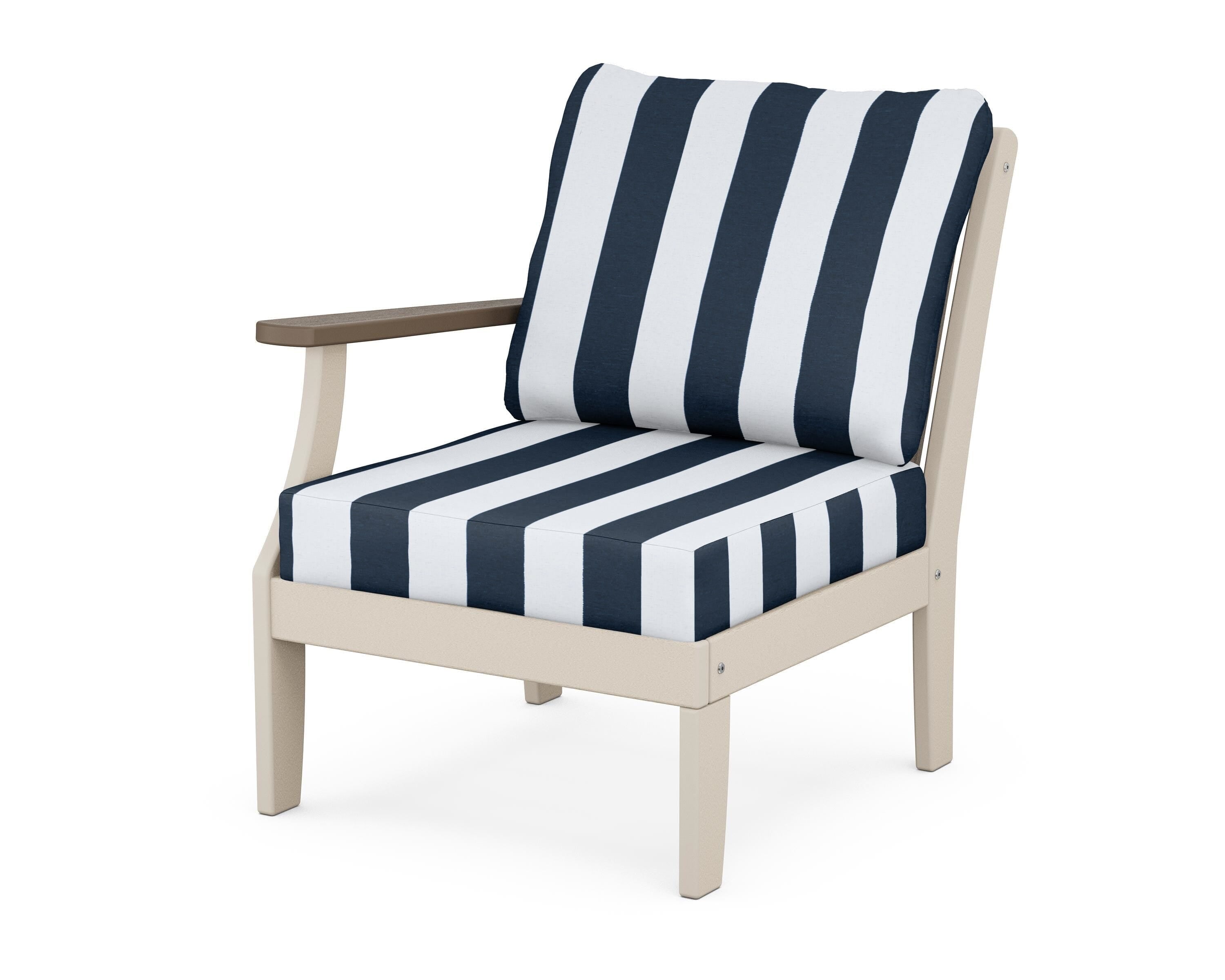 POLYWOOD® Braxton Modular Left Arm Chair in Sand / Kona / Cabana Stripe Marine Indigo