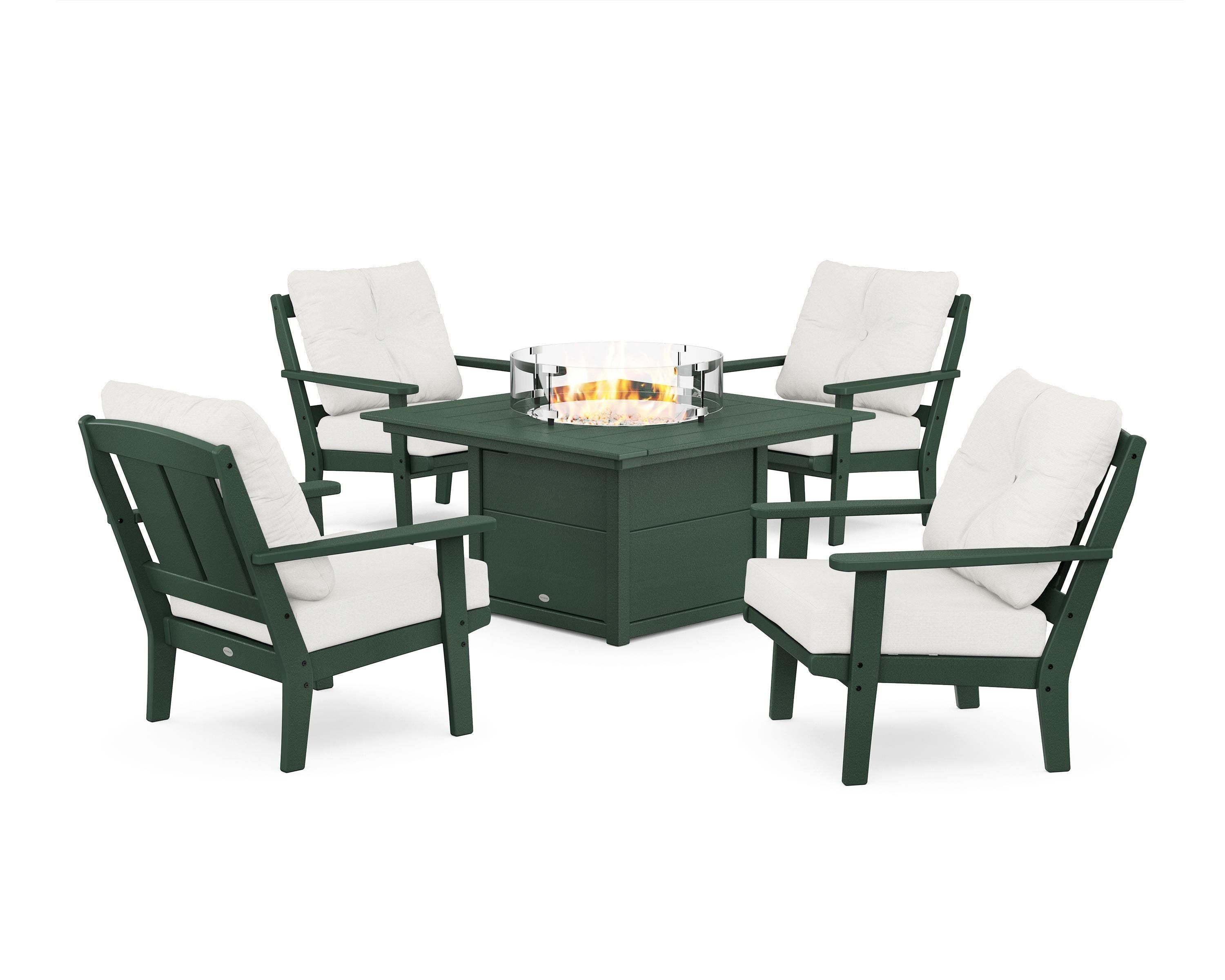 POLYWOOD® Mission 5-Piece Deep Seating Set with Fire Pit Table in Green / Natural Linen