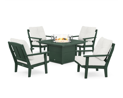 POLYWOOD® Mission 5-Piece Deep Seating Set with Fire Pit Table in Green / Natural Linen