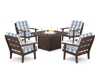POLYWOOD® Lakeside 5-Piece Deep Seating Set with Nautical Fire Pit Table in Mahogany / Buffalo Plaid Sky Blue