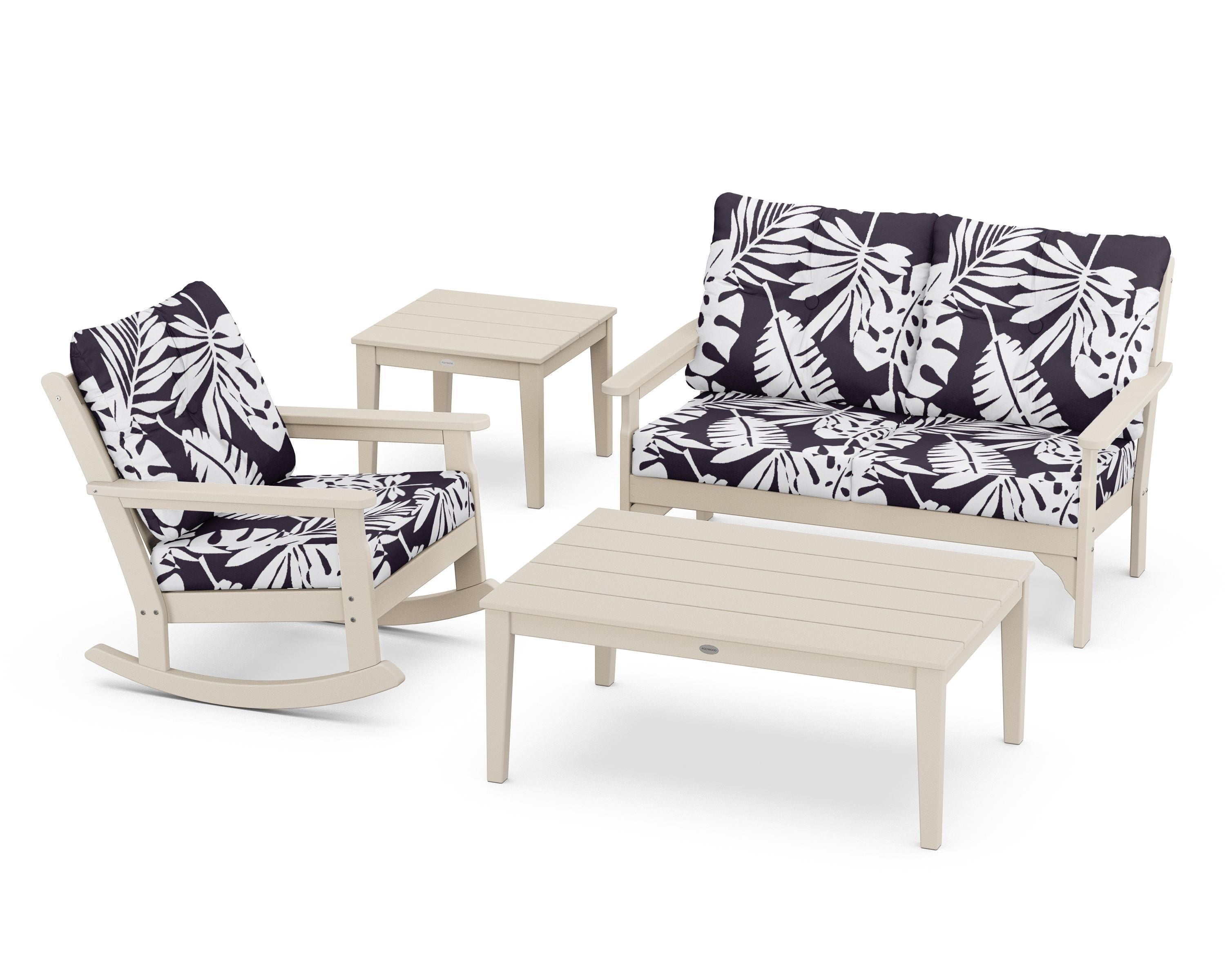 POLYWOOD® Vineyard 4-Piece Deep Seating Rocker Set in Sand / Leaf Navy