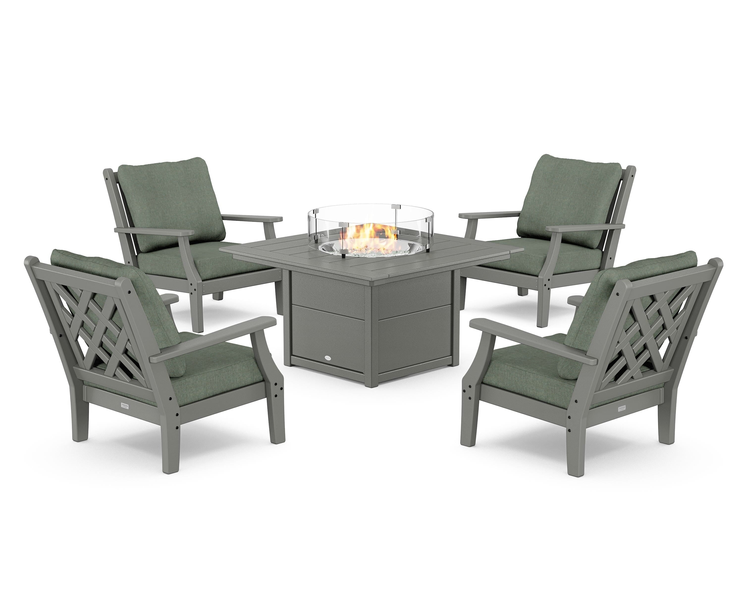 Country Living Wovendale 5-Piece Deep Seating Set with Fire Pit Table in Slate Grey / Cast Sage