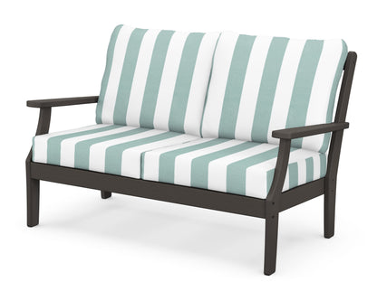 POLYWOOD® Braxton Deep Seating Loveseat in Vintage Coffee / Cabana Stripe Glacier Spa