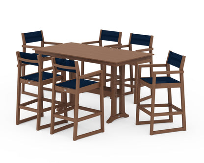 POLYWOOD® EDGE Sling Arm Chair 7-Piece Farmhouse Bar Set with Trestle Legs in Teak / Navy Blue Sling