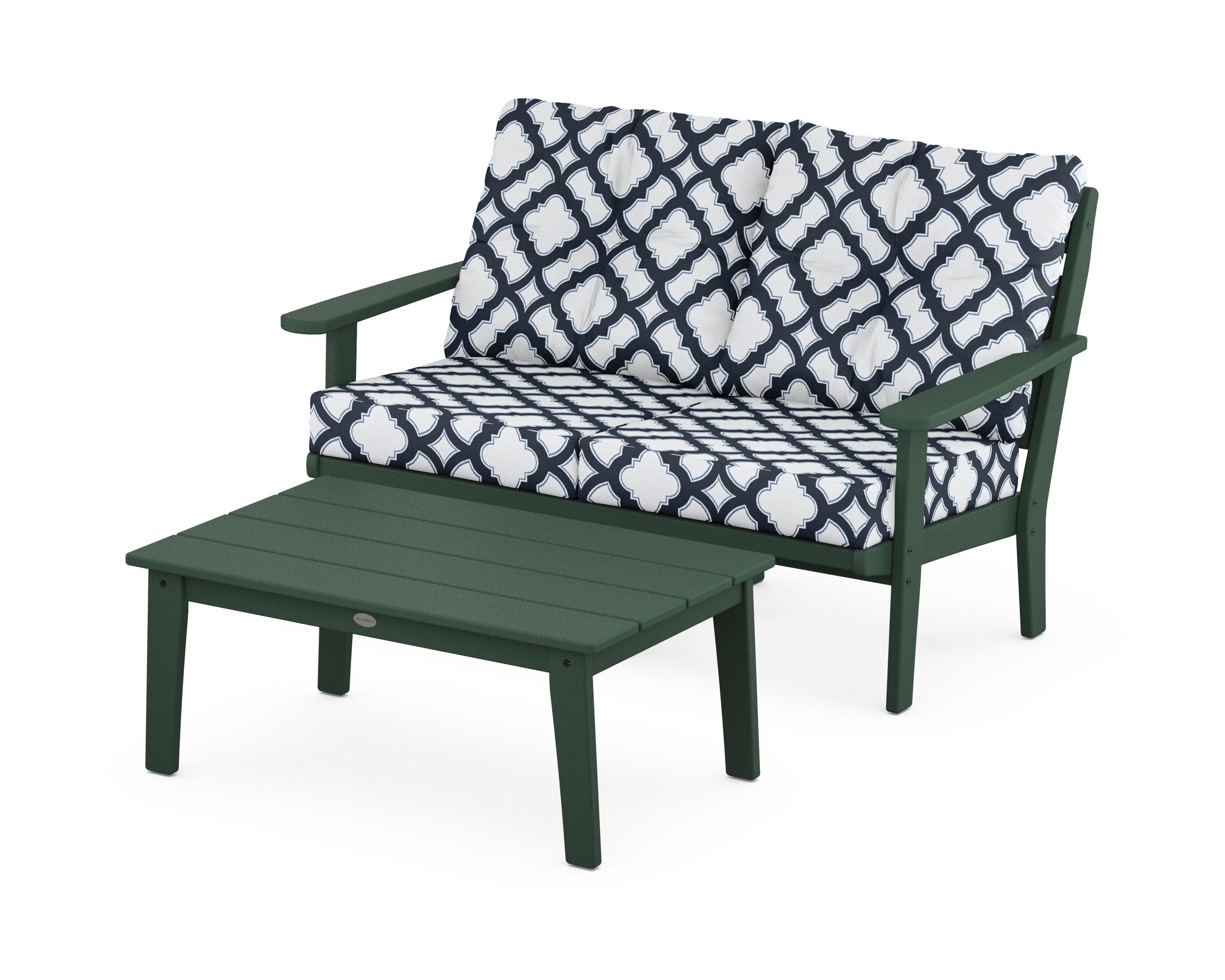 POLYWOOD® Lakeside 2-Piece Lounge Loveseat Set in Green / Trellis Marine Indigo