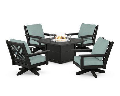 POLYWOOD® Chippendale 5-Piece Deep Seating Swivel Conversation Set with Fire Pit Table in Black / Glacier Spa