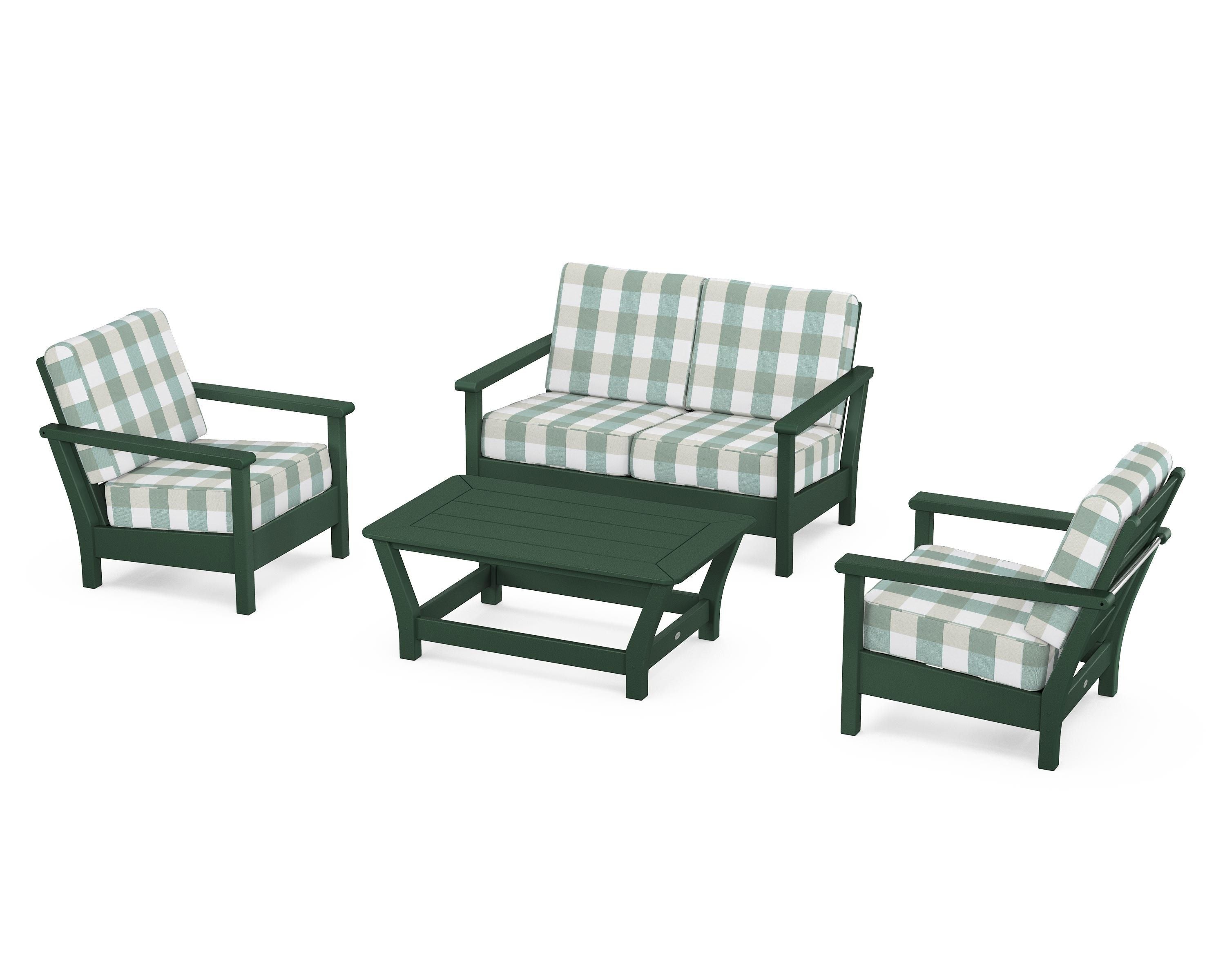 POLYWOOD® Harbour 4-Piece Deep Seating Set in Green / Buffalo Plaid Glacier Spa