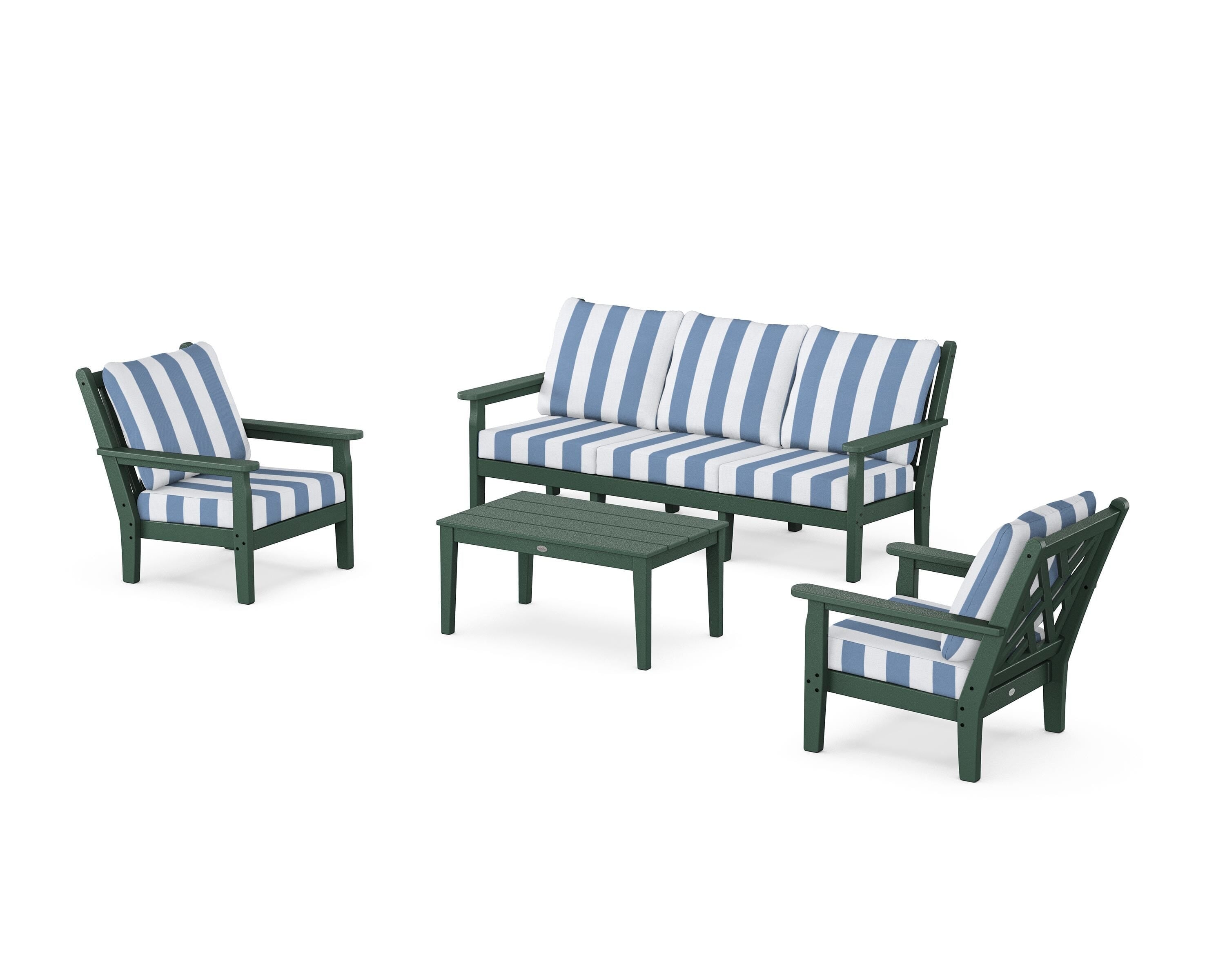 POLYWOOD® Chippendale 4-Piece Deep Seating Set with Sofa in Green / Cabana Stripe Sky Blue