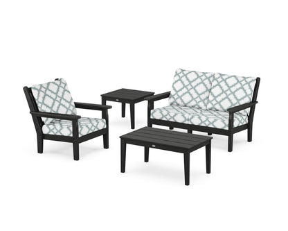 POLYWOOD® Chippendale 4-Piece Deep Seating Set in Black / Trellis Glacier Spa