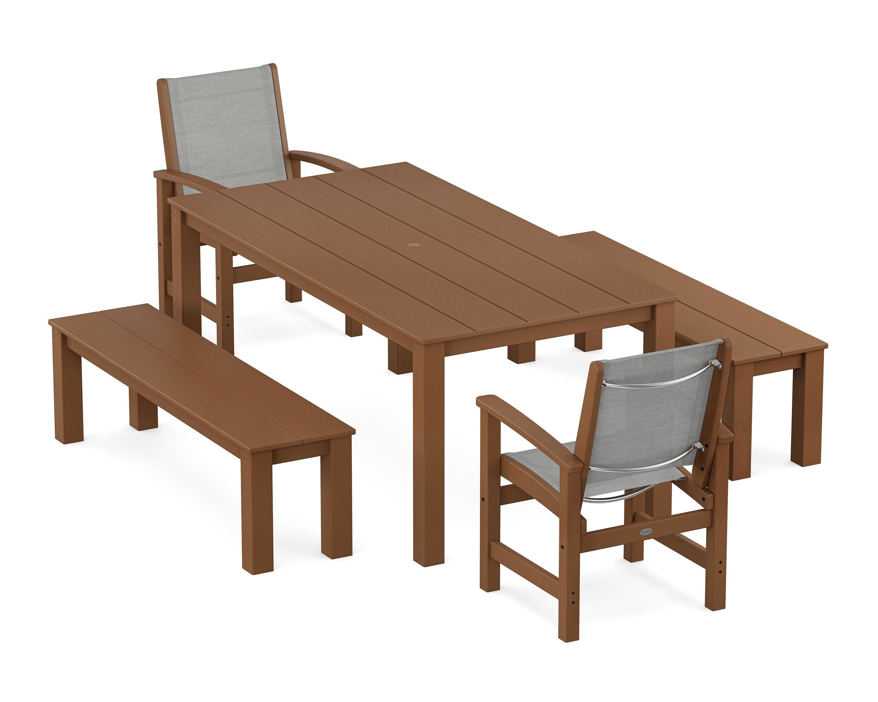 POLYWOOD® Coastal 5-Piece Parsons Dining Set with Benches in Teak / Metallic Sling
