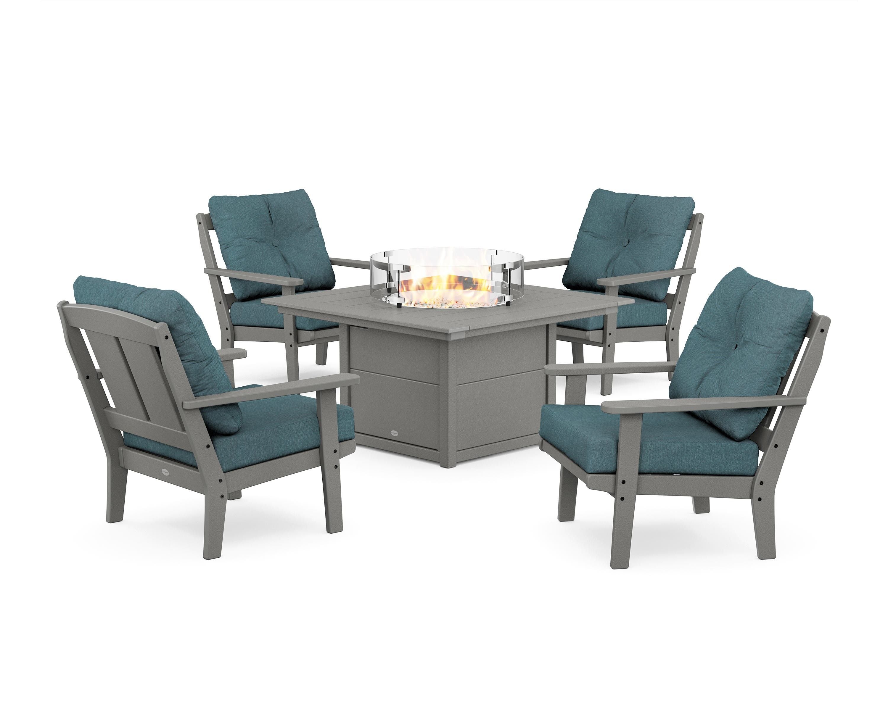 POLYWOOD® Mission 5-Piece Deep Seating Set with Fire Pit Table in Slate Grey / Ocean Teal