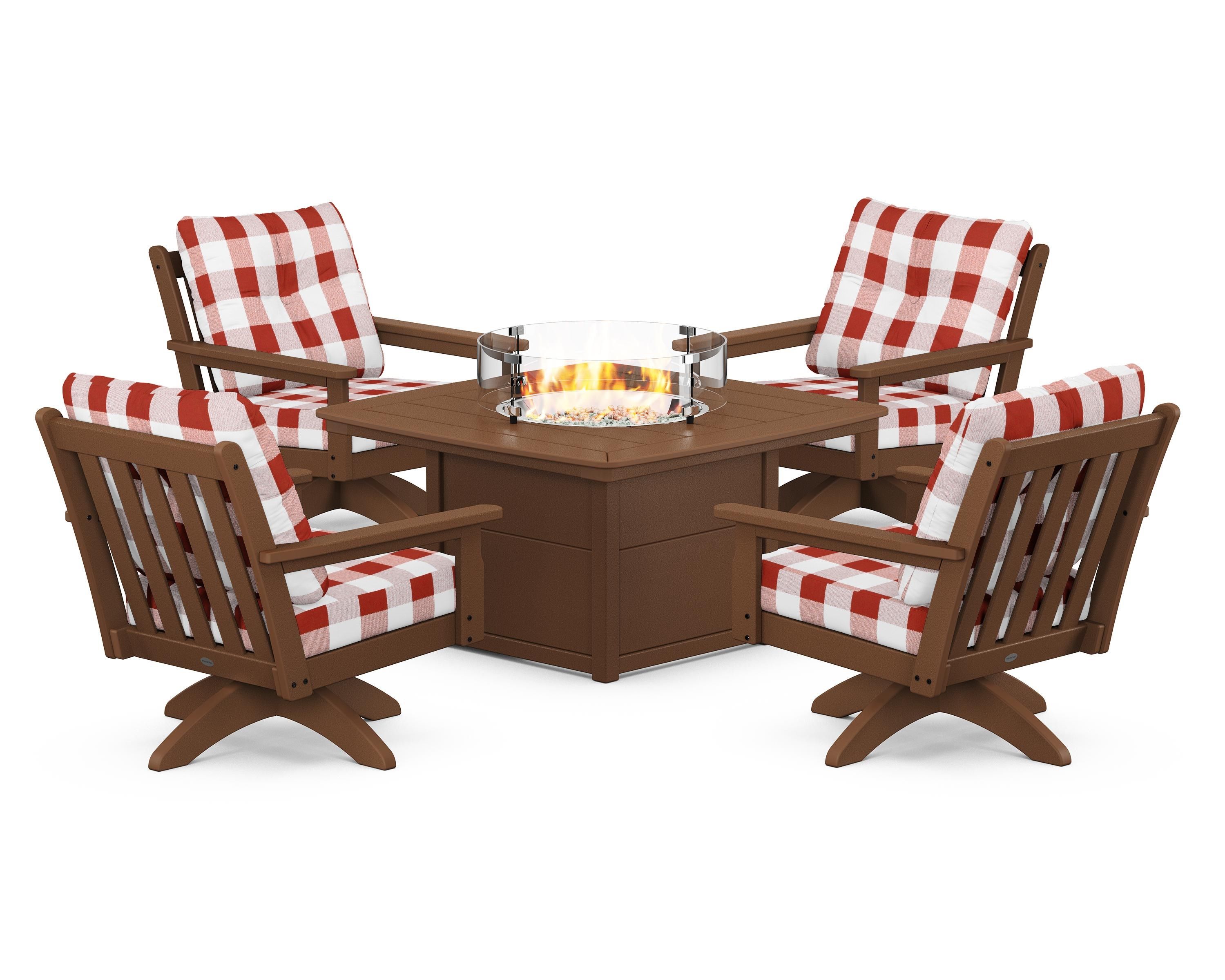 POLYWOOD® Vineyard 5-Piece Deep Seating Swivel Conversation Set with Fire Pit Table in Teak / Buffalo Plaid Crimson