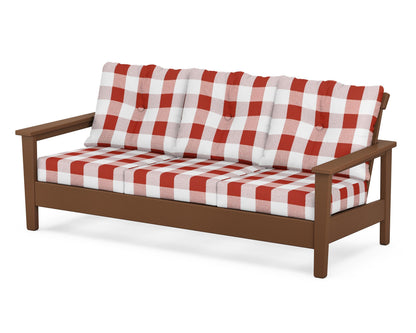 POLYWOOD® Prescott Deep Seating Sofa in Teak / Buffalo Plaid Crimson