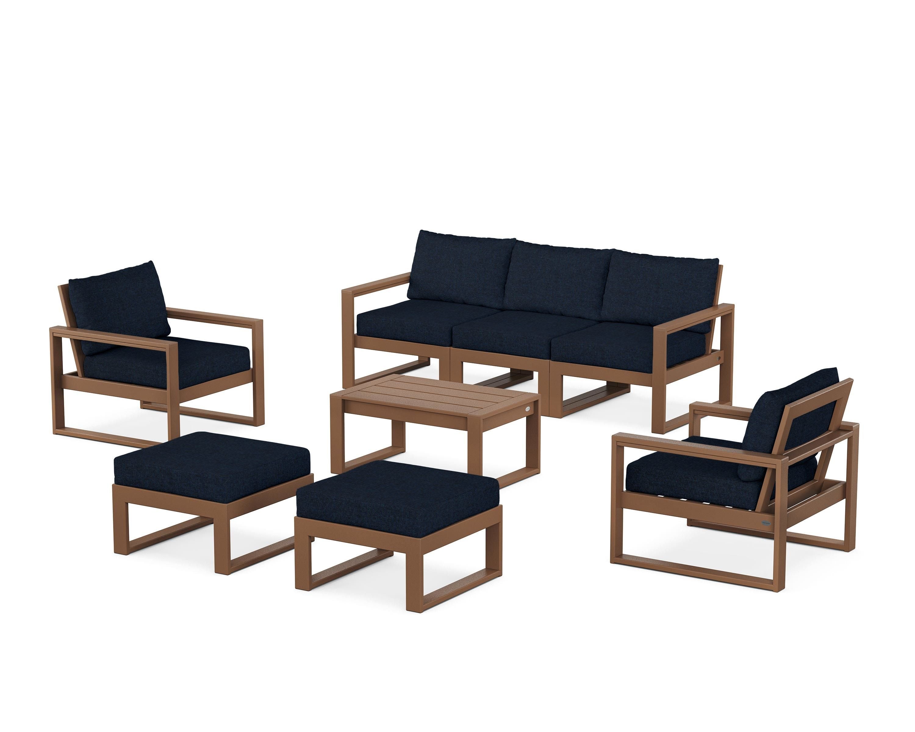 POLYWOOD® EDGE Sectional 8-Piece Lounge Sofa Set in Teak / Marine Indigo