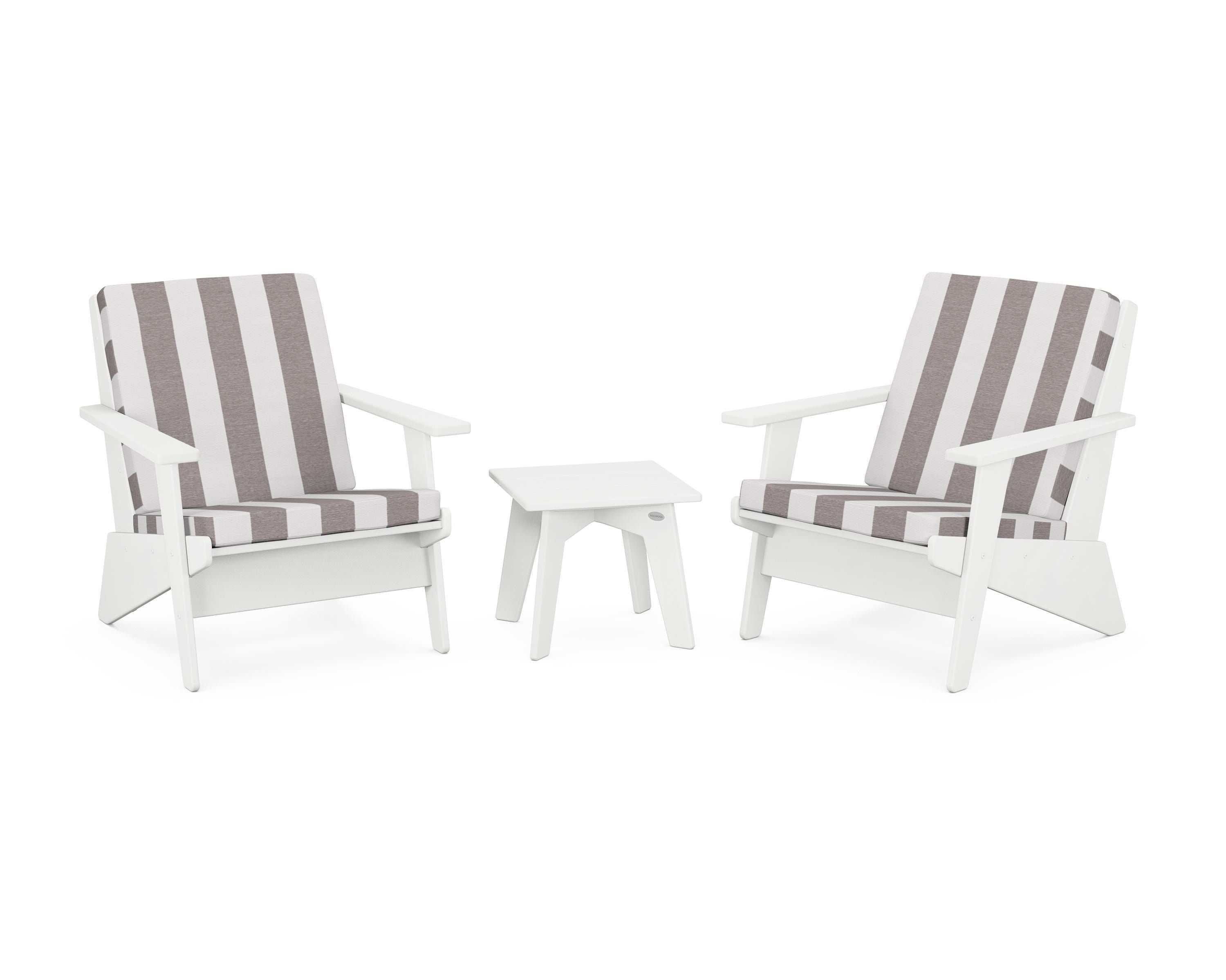 POLYWOOD® Riviera Modern Lounge 3-Piece Set in White / Cabana Stripe Grey Mist
