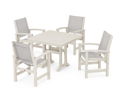 POLYWOOD® Coastal 5-Piece Farmhouse Dining Set With Trestle Legs in Sand / Parchment Sling
