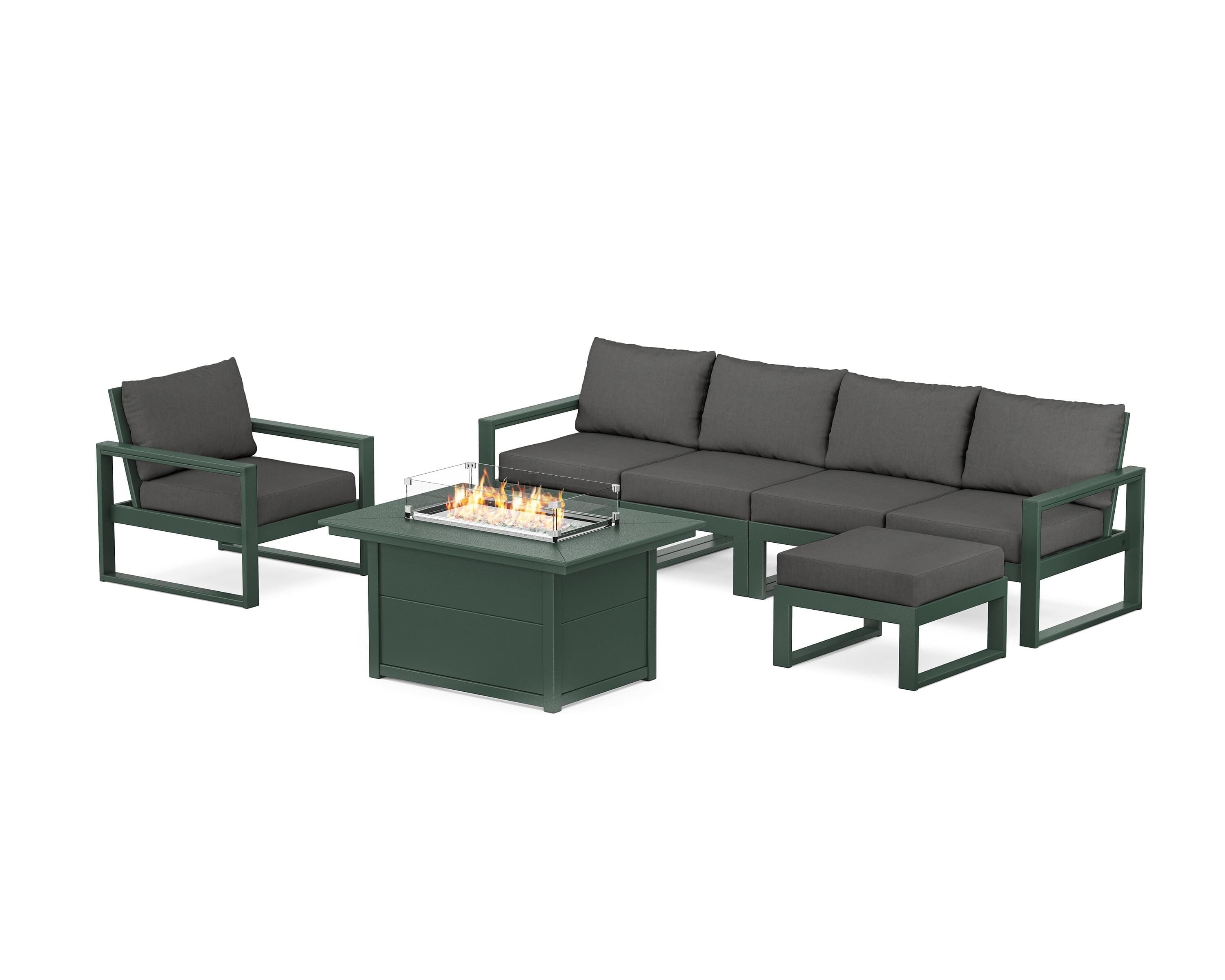 POLYWOOD® EDGE Sectional Lounge and Fire Pit Set in Green / Spectrum Carbon