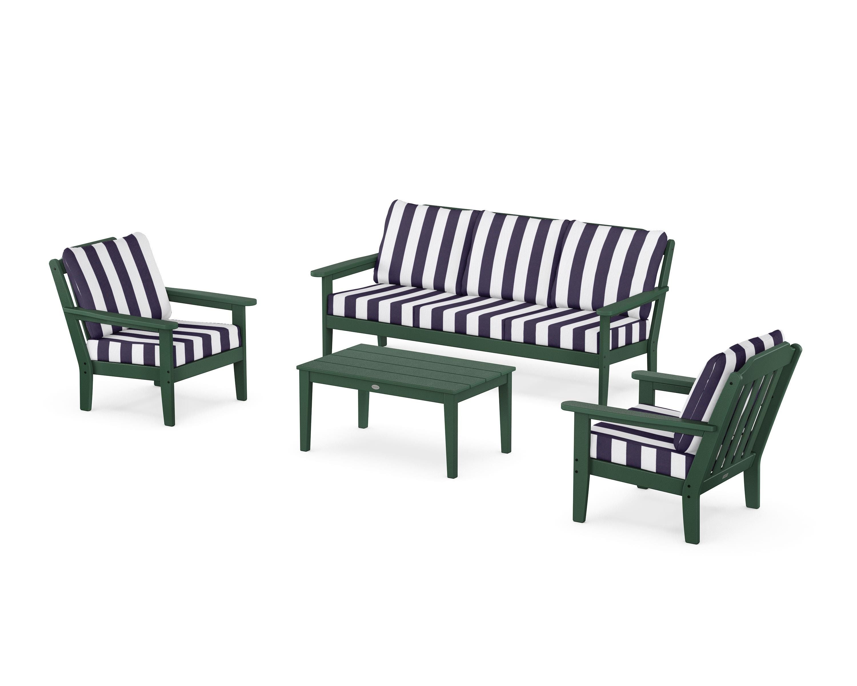 Country Living Cottage 4-Piece Deep Seating Set with Sofa in Green / Cabana Stripe Navy