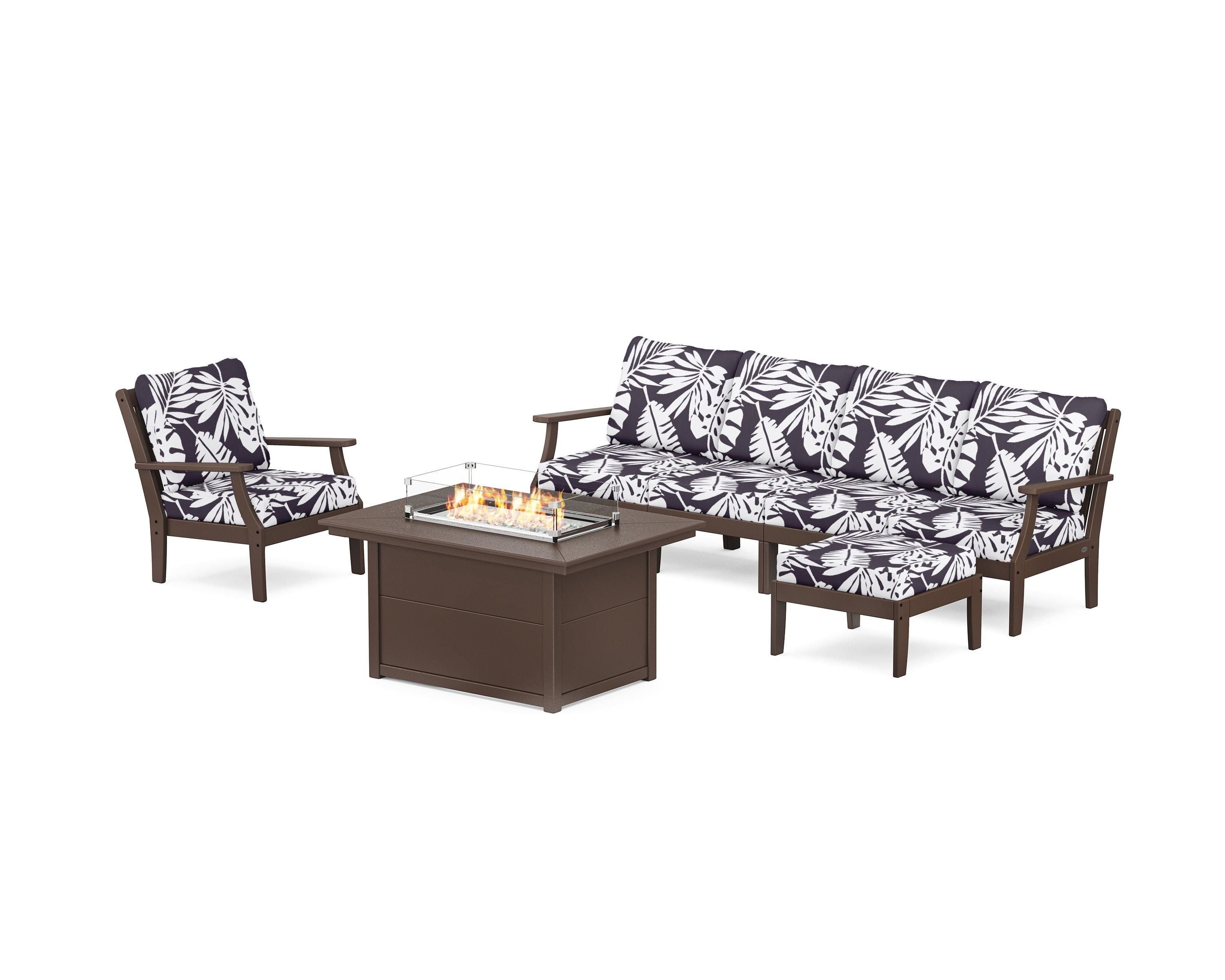 POLYWOOD® Braxton Sectional Lounge and Fire Pit Set in Mahogany / Leaf Navy
