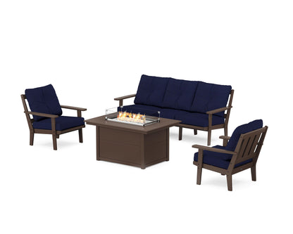 POLYWOOD® Oxford Deep Seating Fire Pit Table Set in Mahogany / Navy