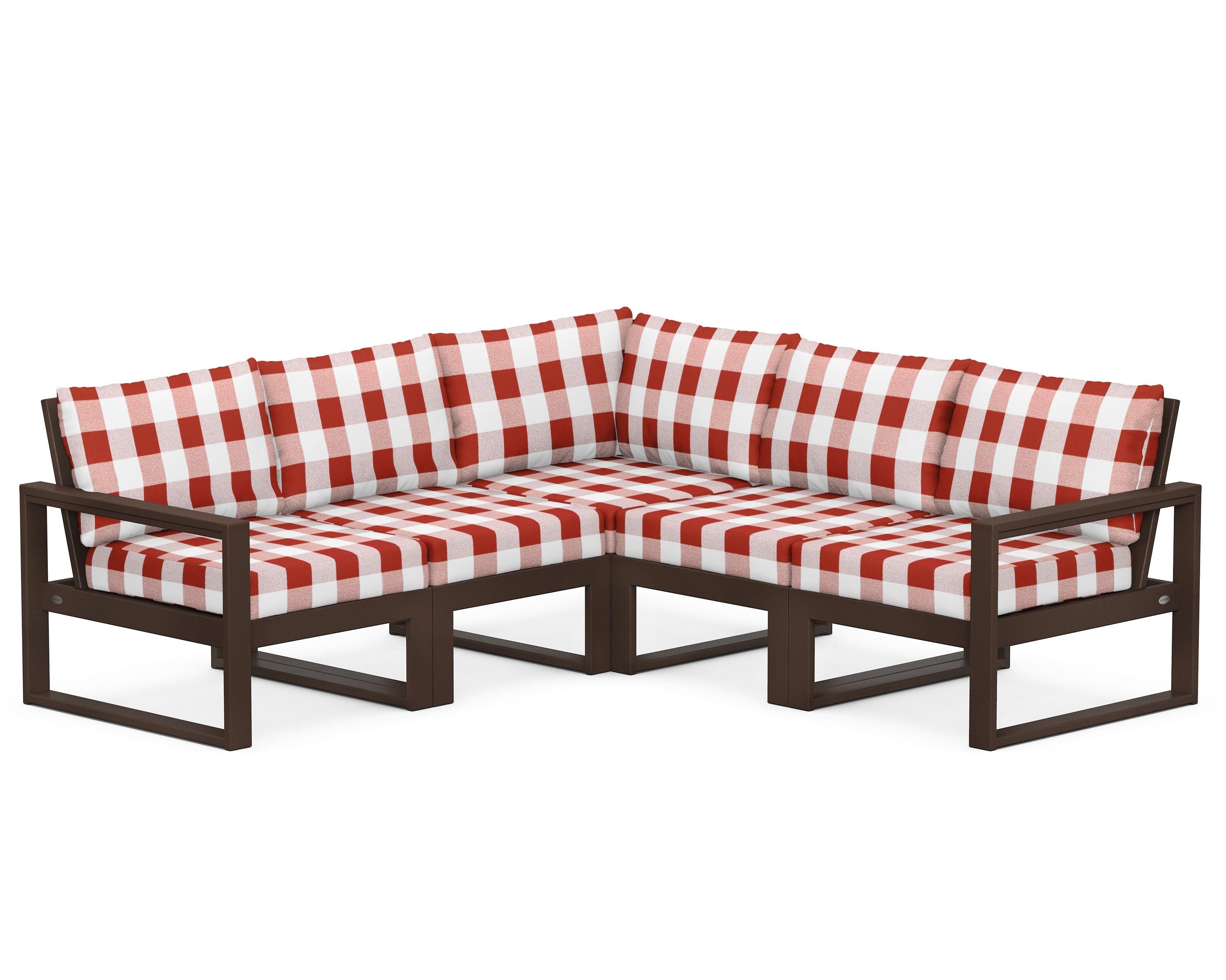 POLYWOOD® EDGE 5-Piece Modular Deep Seating Set in Mahogany / Buffalo Plaid Crimson