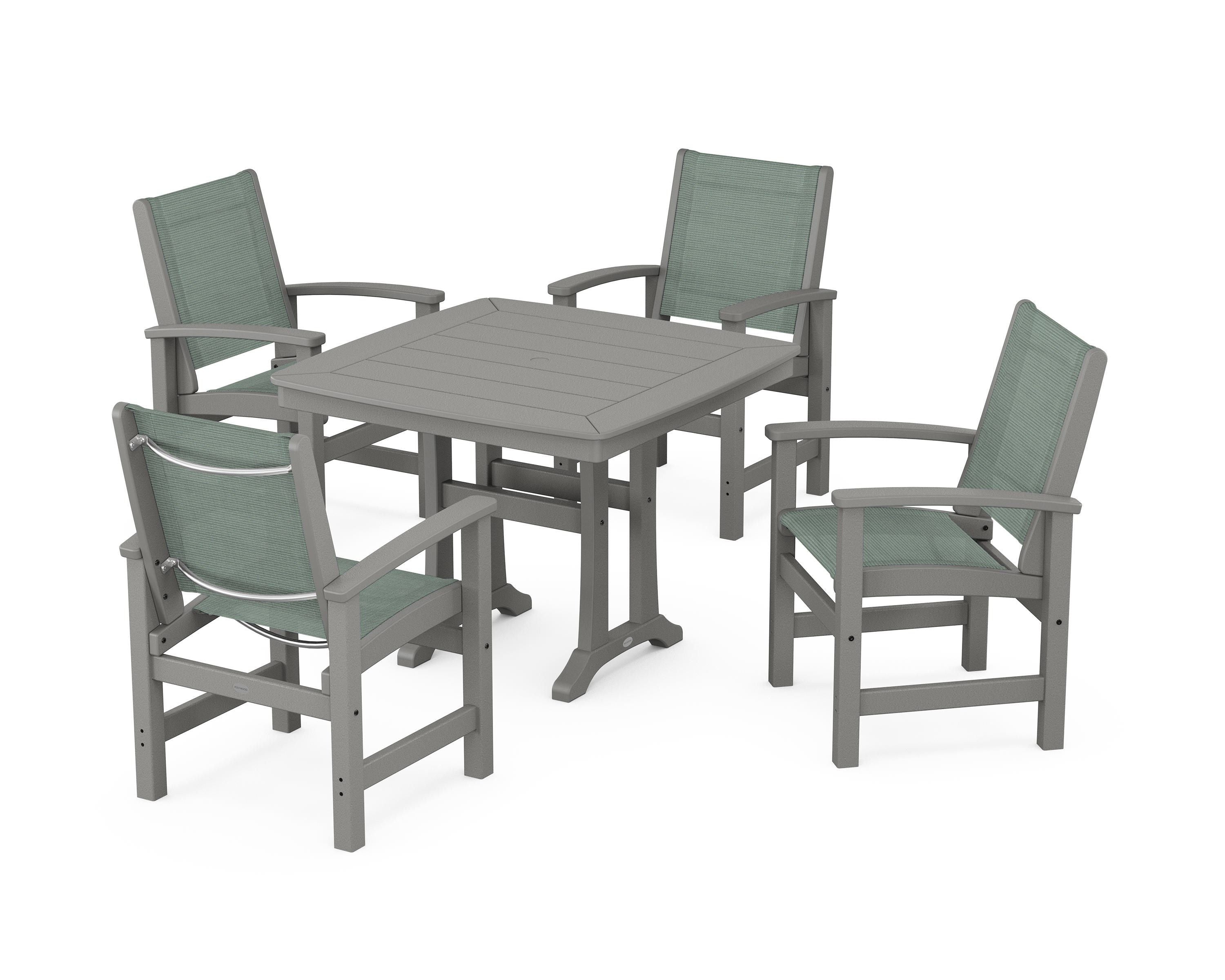POLYWOOD® Coastal 5-Piece Dining Set with Trestle Legs in Slate Grey / Dupioni Sea Mist Sling