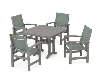 POLYWOOD® Coastal 5-Piece Dining Set with Trestle Legs in Slate Grey / Dupioni Sea Mist Sling