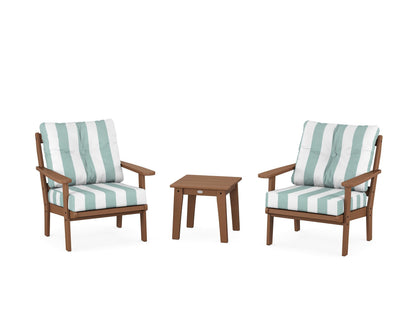 POLYWOOD® Mission 3-Piece Deep Seating Set in Teak / Cabana Stripe Glacier Spa