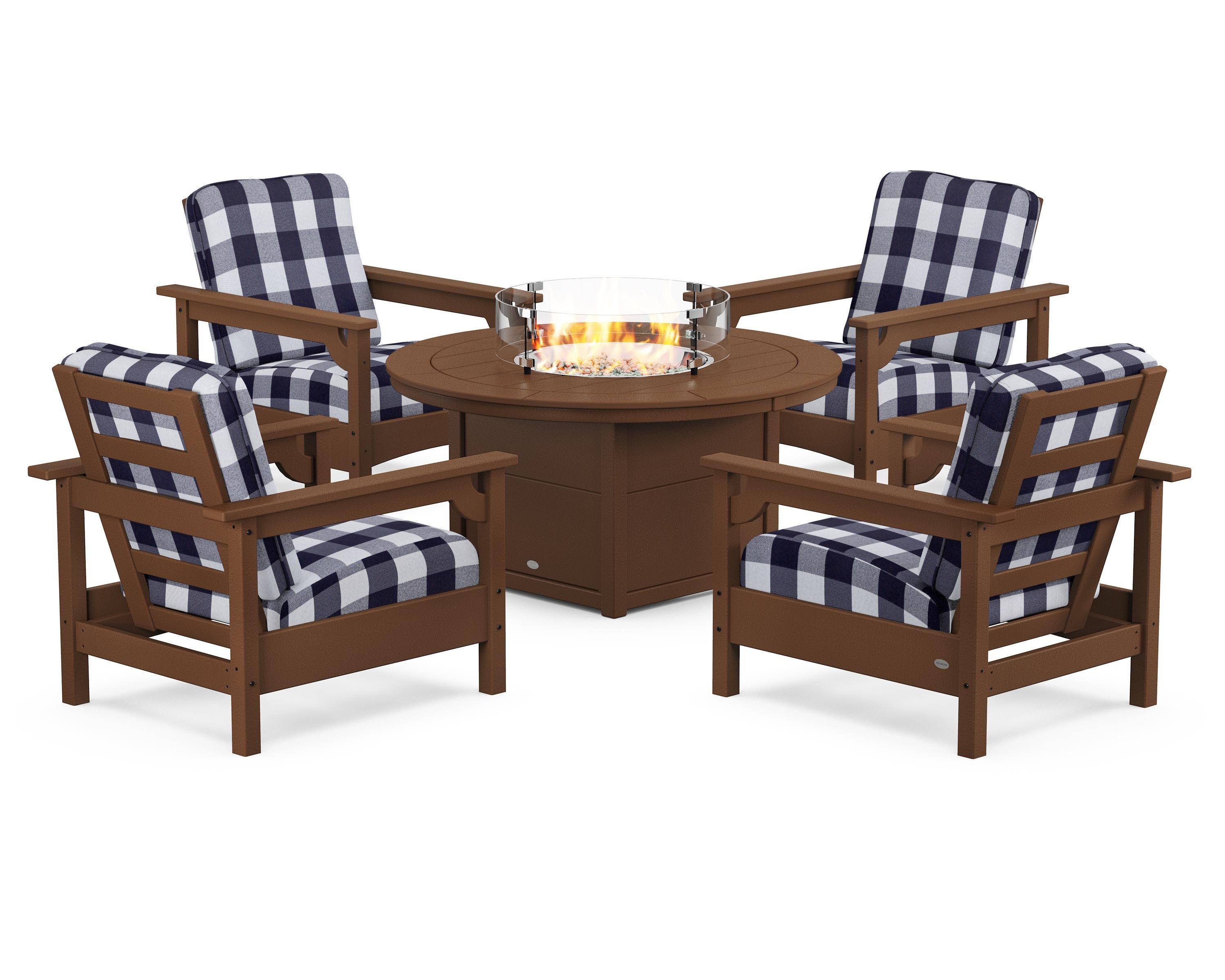 POLYWOOD® Club 5-Piece Conversation Set with Fire Pit Table in Teak / Buffalo Plaid Navy