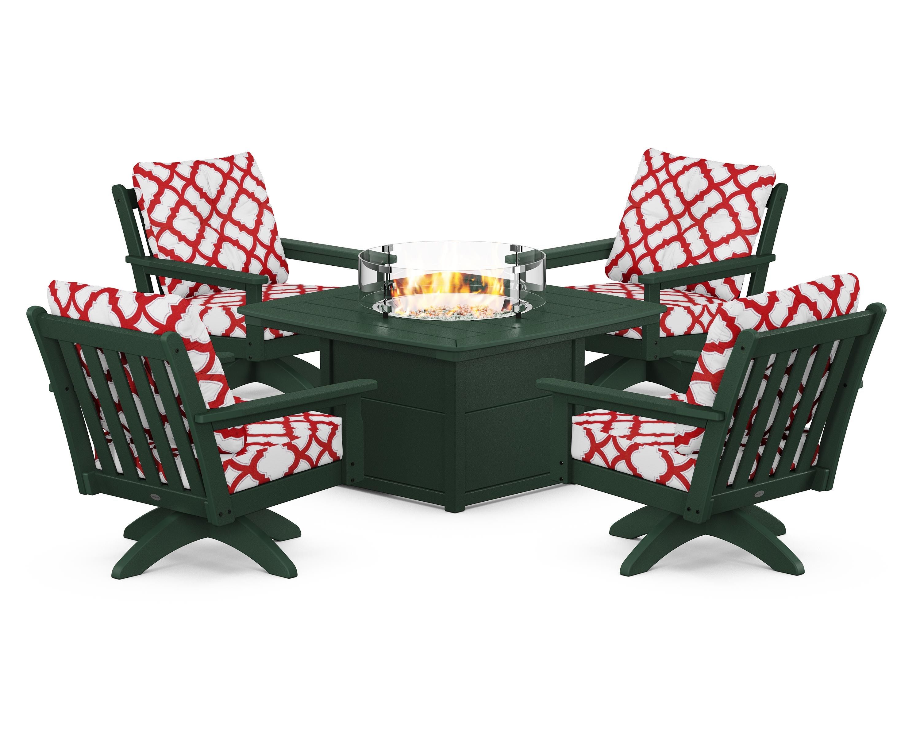 POLYWOOD® Vineyard 5-Piece Deep Seating Swivel Conversation Set with Fire Pit Table in Green / Trellis Crimson