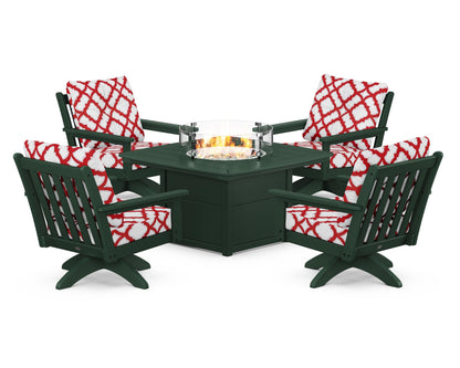 POLYWOOD® Vineyard 5-Piece Deep Seating Swivel Conversation Set with Fire Pit Table in Green / Trellis Crimson