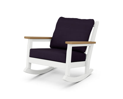 POLYWOOD® Chippendale Deep Seating Rocking Chair in White / Natural / Navy Linen