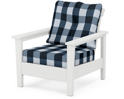 POLYWOOD® Prescott Deep Seating Chair in White / Buffalo Plaid Marine Indigo