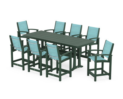 POLYWOOD® Coastal 9-Piece Farmhouse Counter Set with Trestle Legs in Green / Dupioni Aquamarine Sling