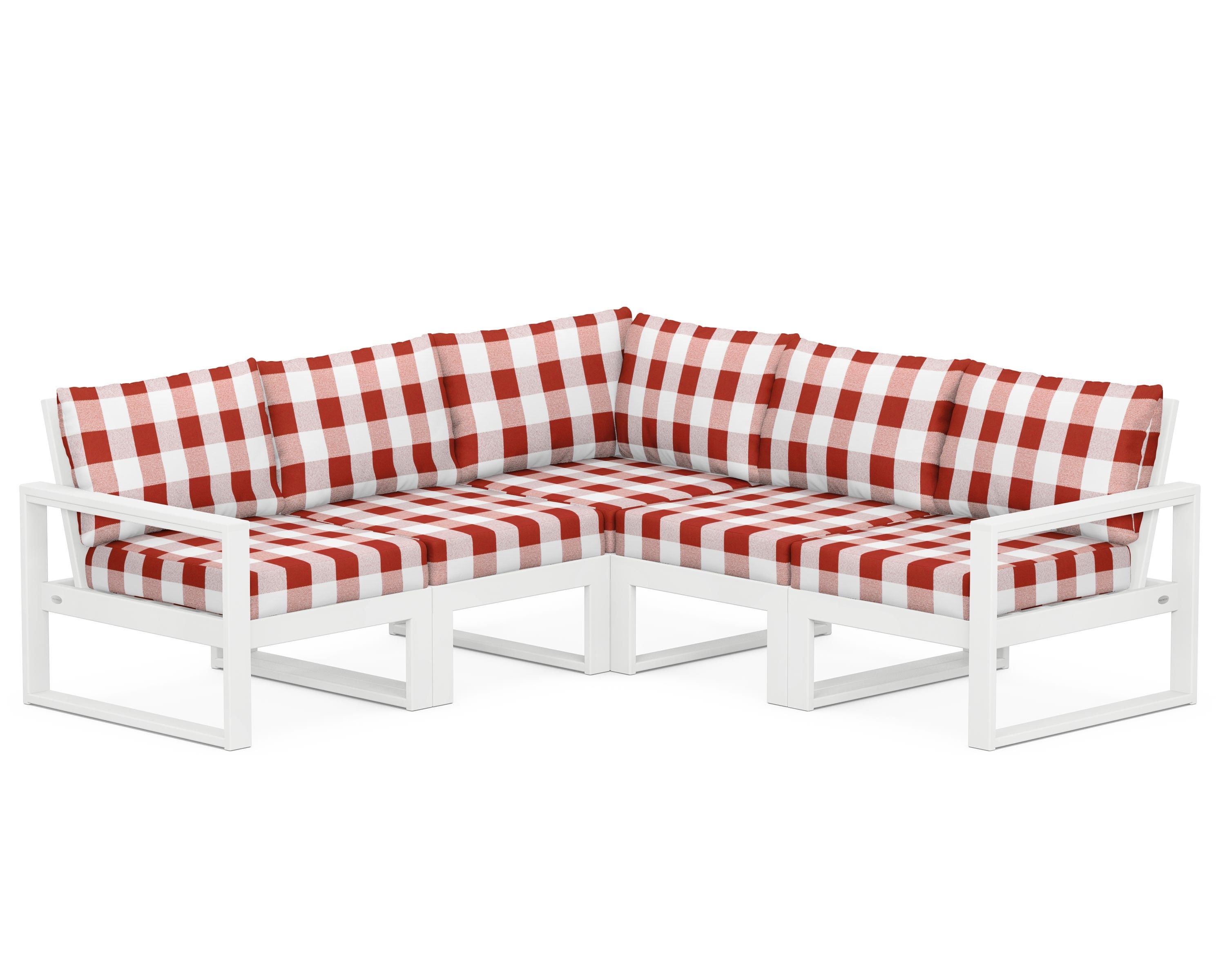 POLYWOOD® EDGE 5-Piece Modular Deep Seating Set in White / Buffalo Plaid Crimson