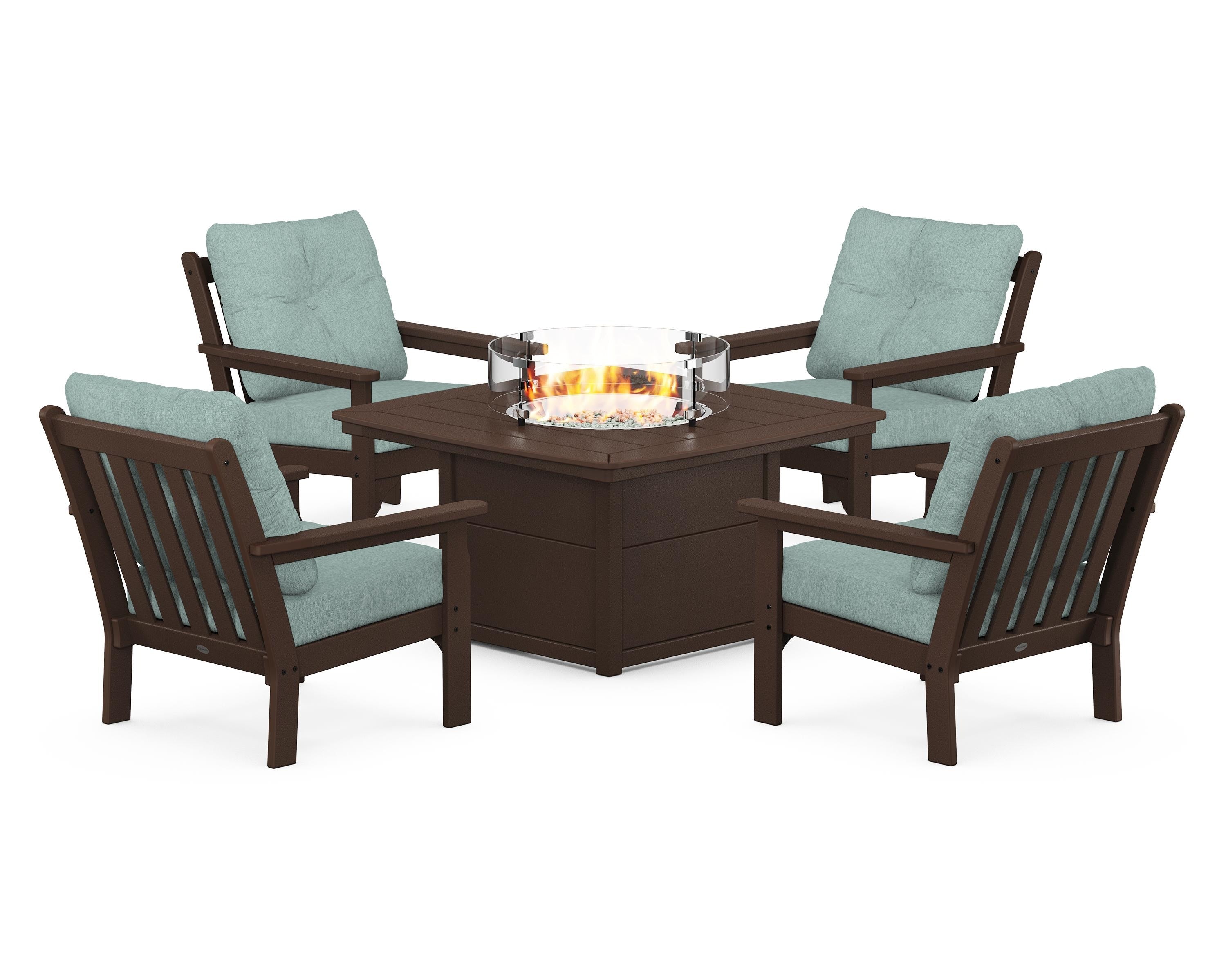 POLYWOOD® Vineyard 5-Piece Conversation Set with Fire Pit Table in Mahogany / Glacier Spa