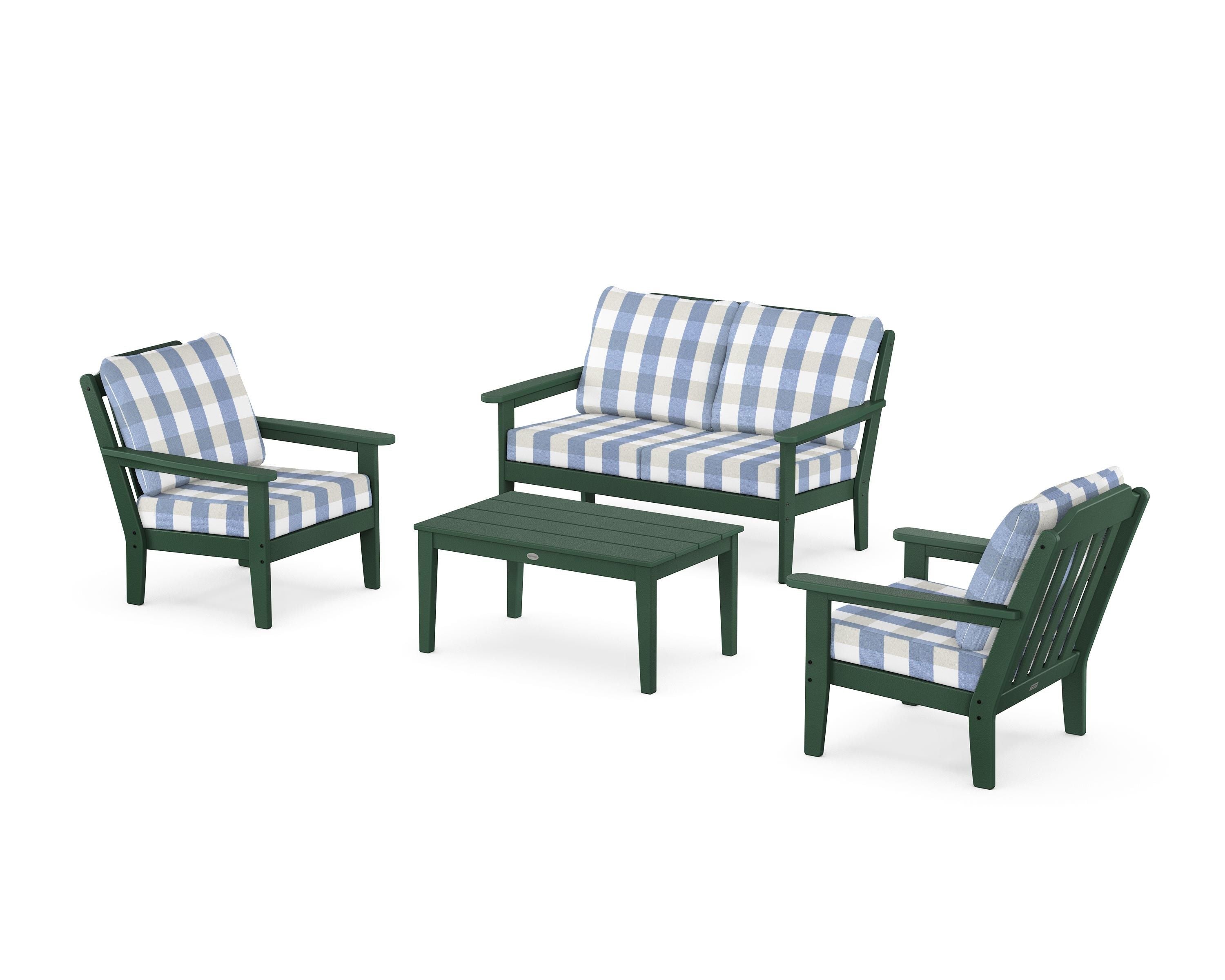 Country Living Cottage 4-Piece Deep Seating Set with Loveseat in Green / Buffalo Plaid Sky Blue