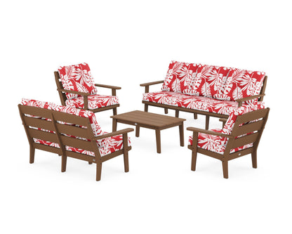 POLYWOOD® Lakeside 5-Piece Lounge Sofa Set in Teak / Leaf Crimson