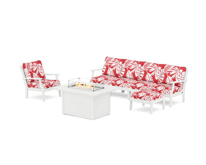 POLYWOOD® Braxton Sectional Lounge and Fire Pit Set in White / Leaf Crimson